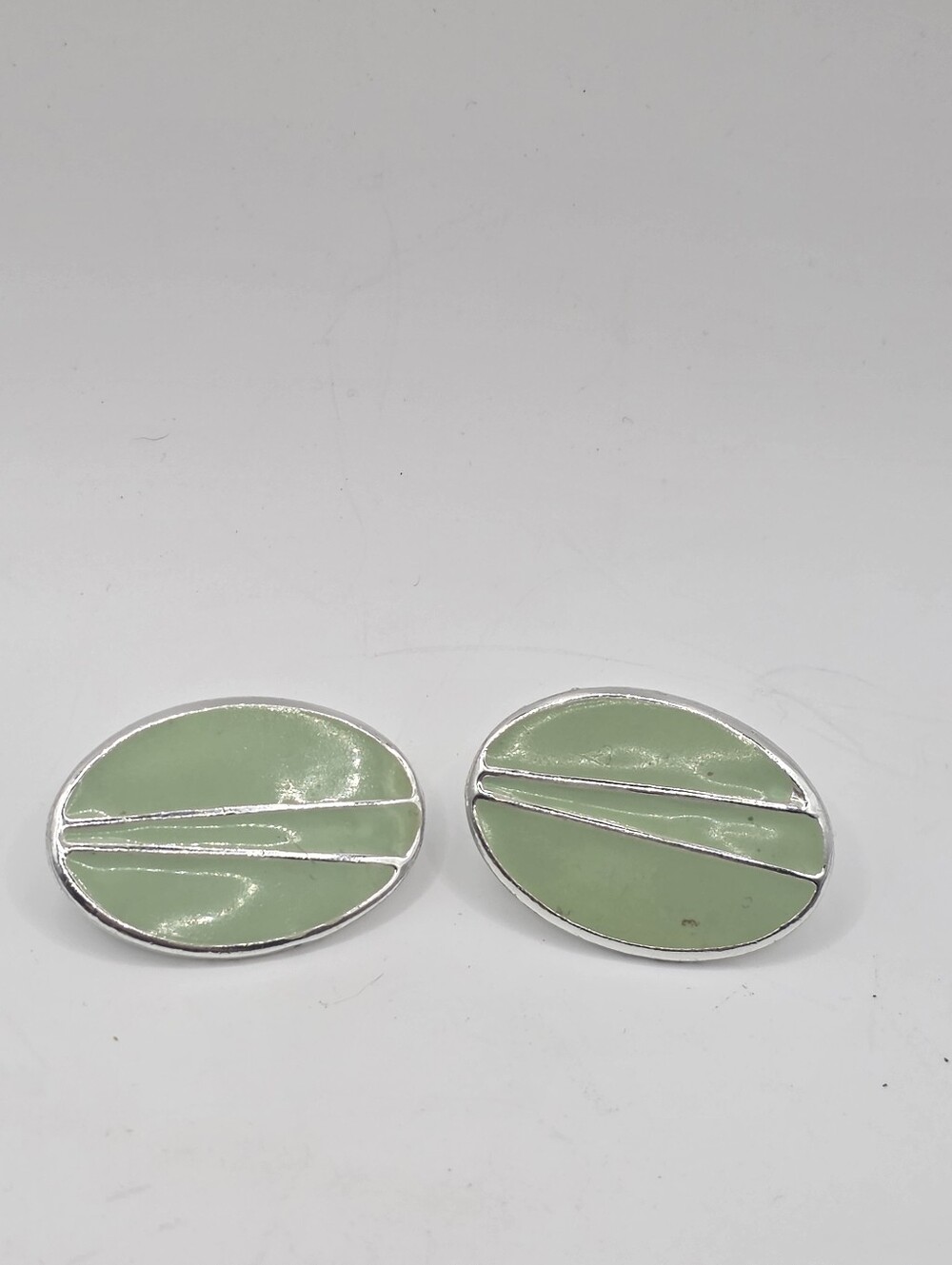 Vintage Green Enamel Oval Clip On Earrings Silver Tone Mid Century Modern